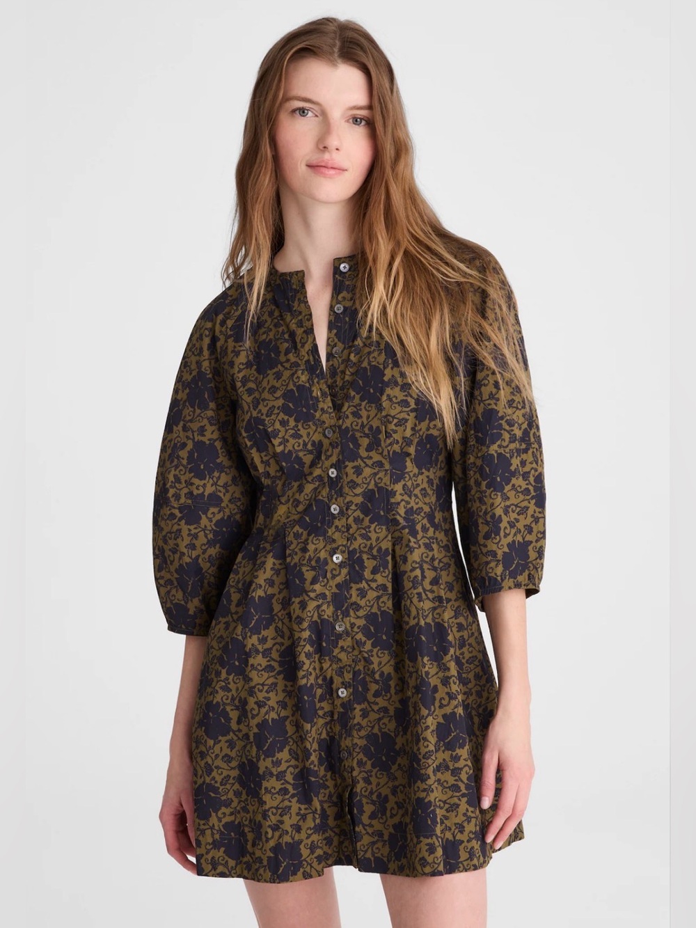 Madewell Sculptural Sleeve Pleated Mini Dress Chateau Olive Floral Size 6 NWT